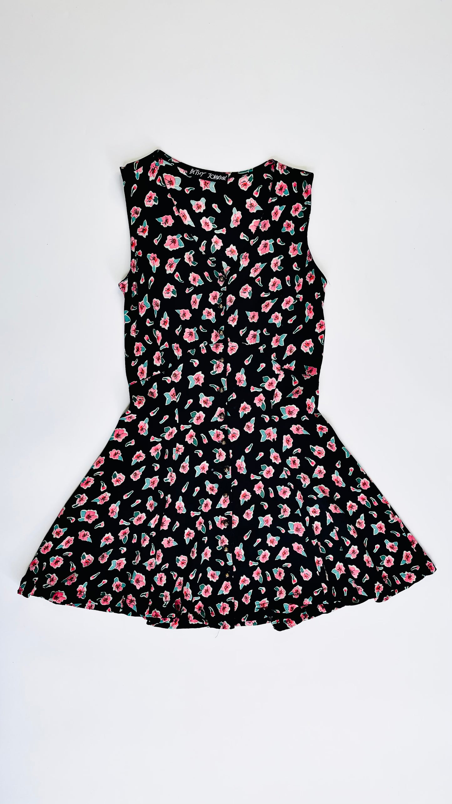 90s Betsey Johnson black and pink floral print tank babydoll dress - Size S