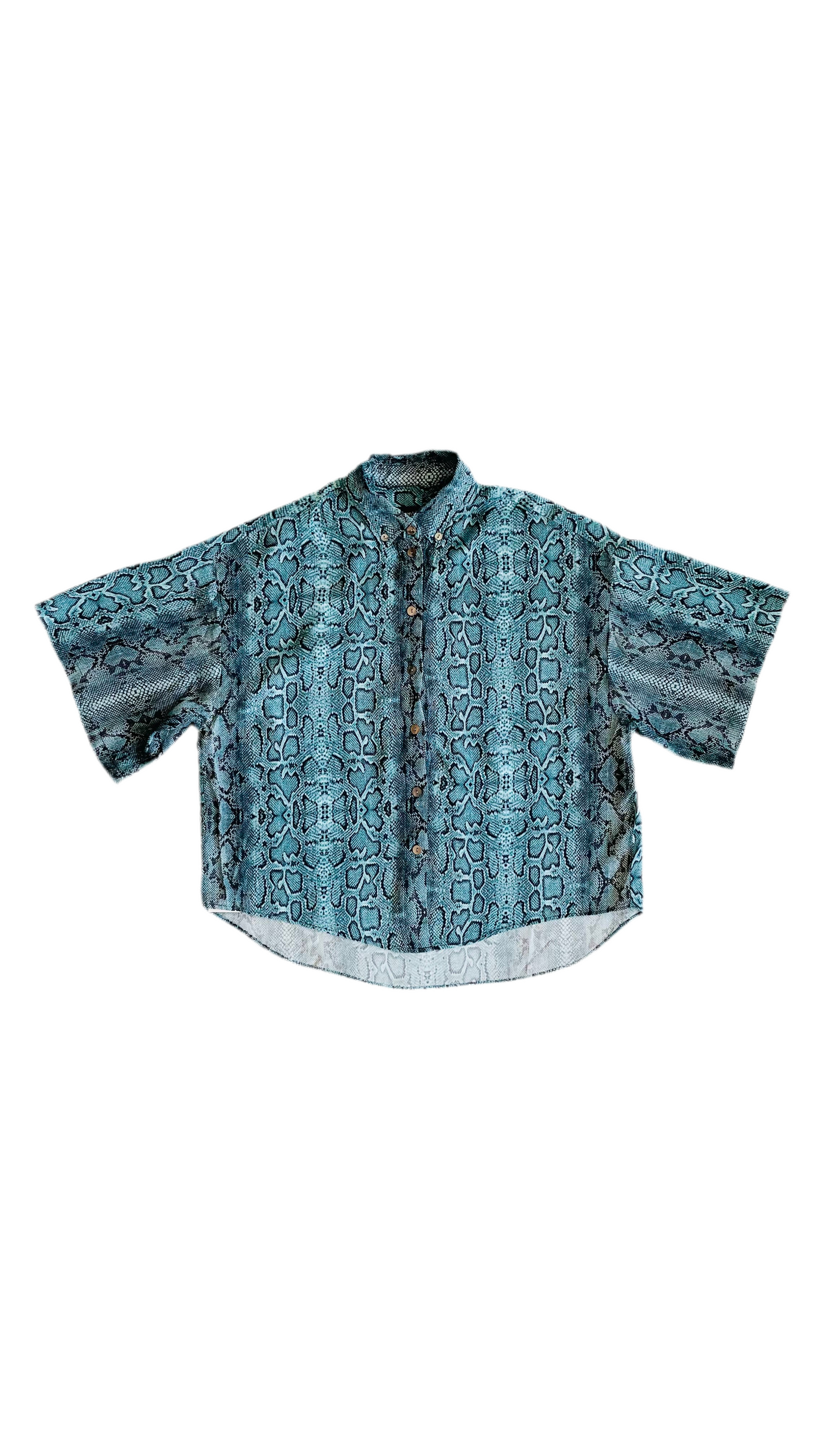 Pre-Loved Karen Kane blue & black snake print button up top - Size S-XL