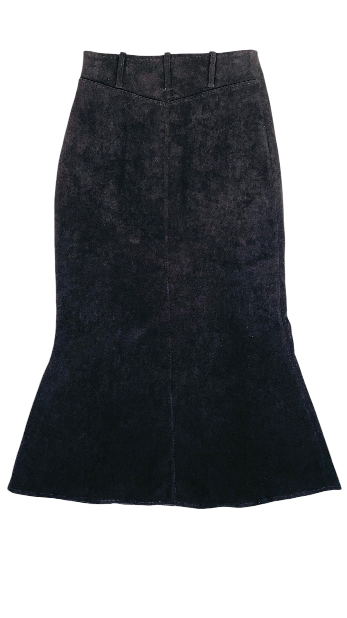 Vintage 90s black ultrasuede trumpet fit & flare maxi skirt - Size 10