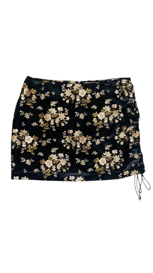 Pre-Loved black & gold chinese brocade floral print embroidery satin mini skirt - Size M