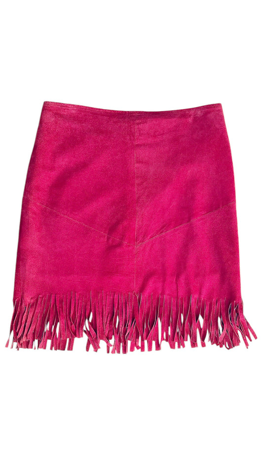 Vintage 90s pink suede mini skirt with fringe - Size 40