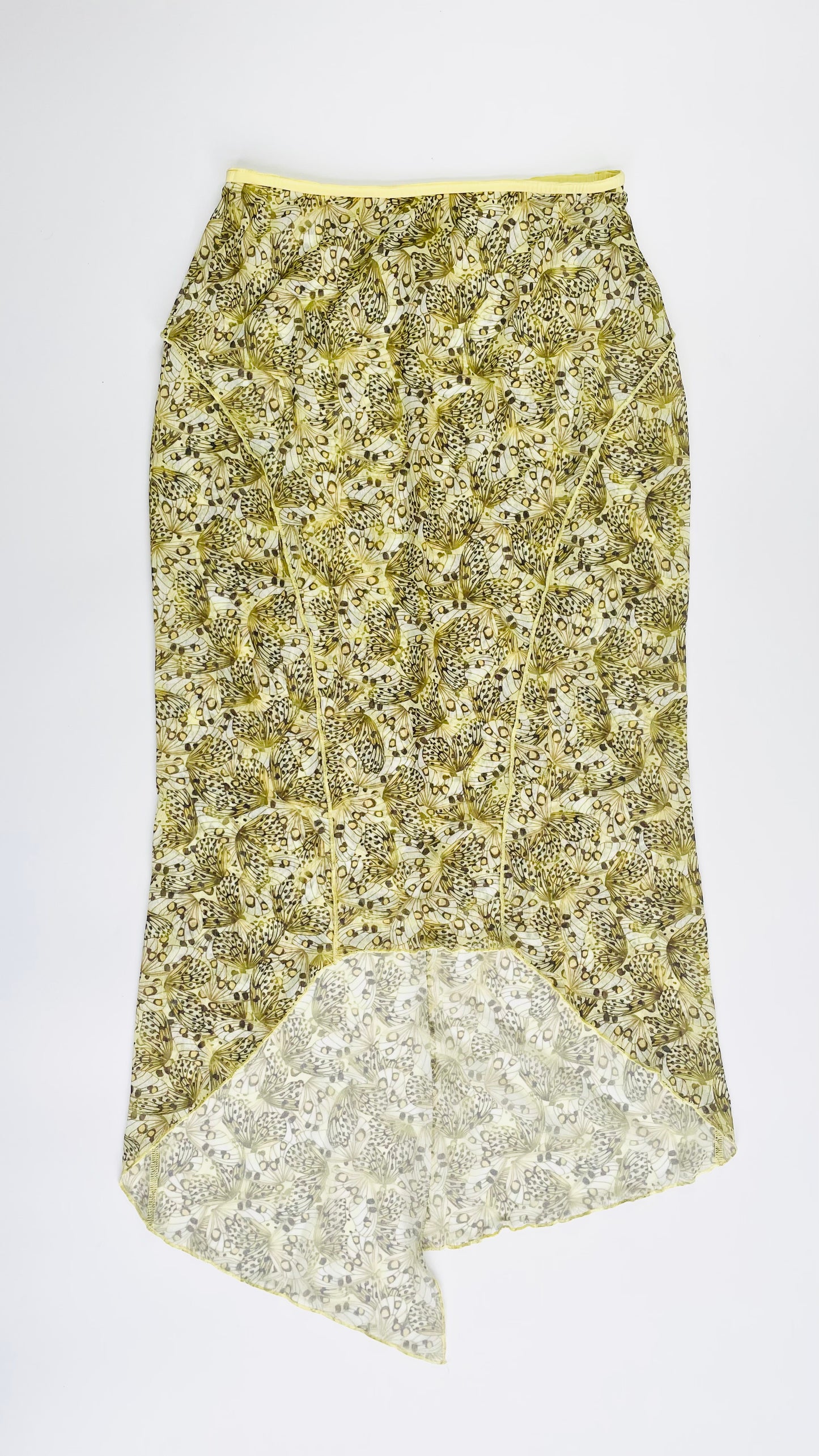 Pre-Loved Camila Coelho yellow sheer mesh butterfly print midi skirt - Size M