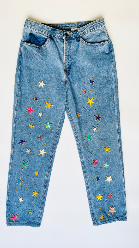 90s Cache light blue jeans with star patches - Size 12