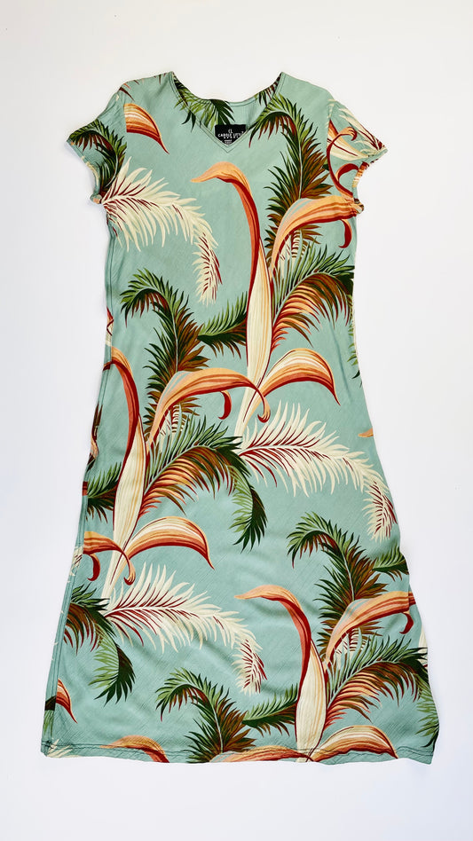 Vintage 90s turquoise and terracotta tropical palm print short sleeve maxi dress - Size 12