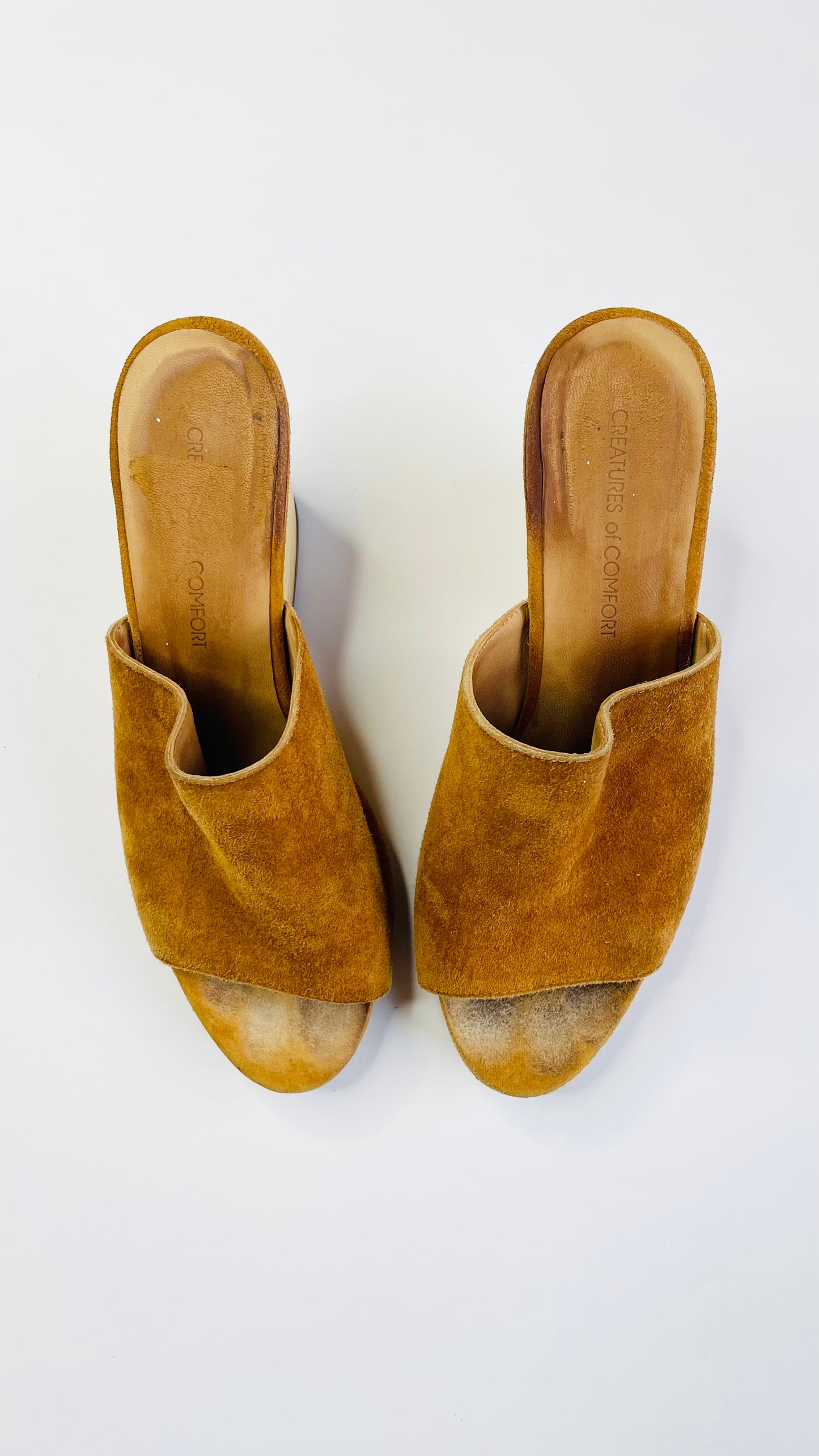 Pre-Loved CREATURES OF COMFORT caramel suede slide heels - Size 7