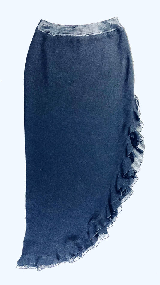 90s black CACHE asymmetrical ruffled hem skirt - Size 4