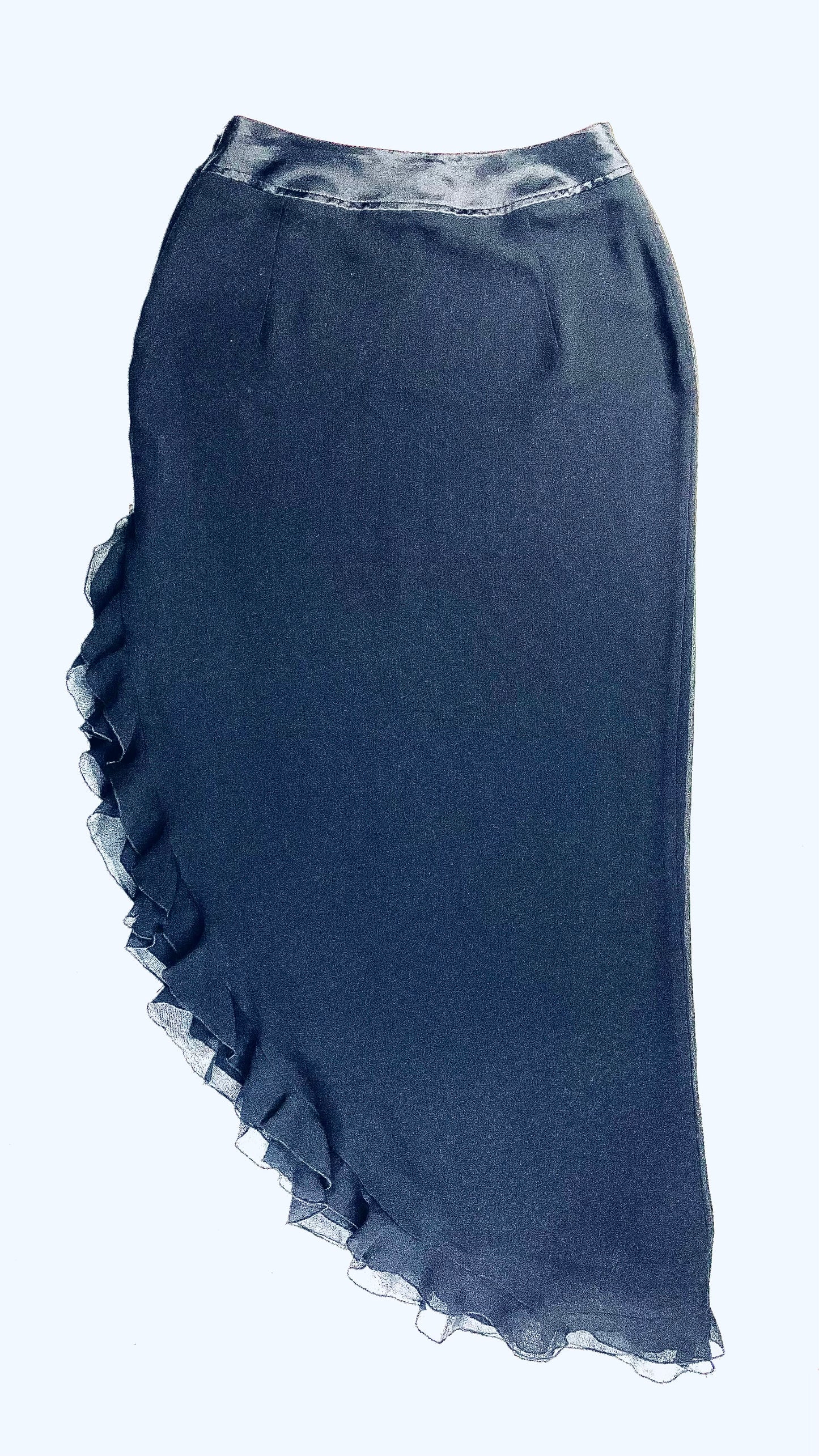 90s black CACHE asymmetrical ruffled hem skirt - Size 4