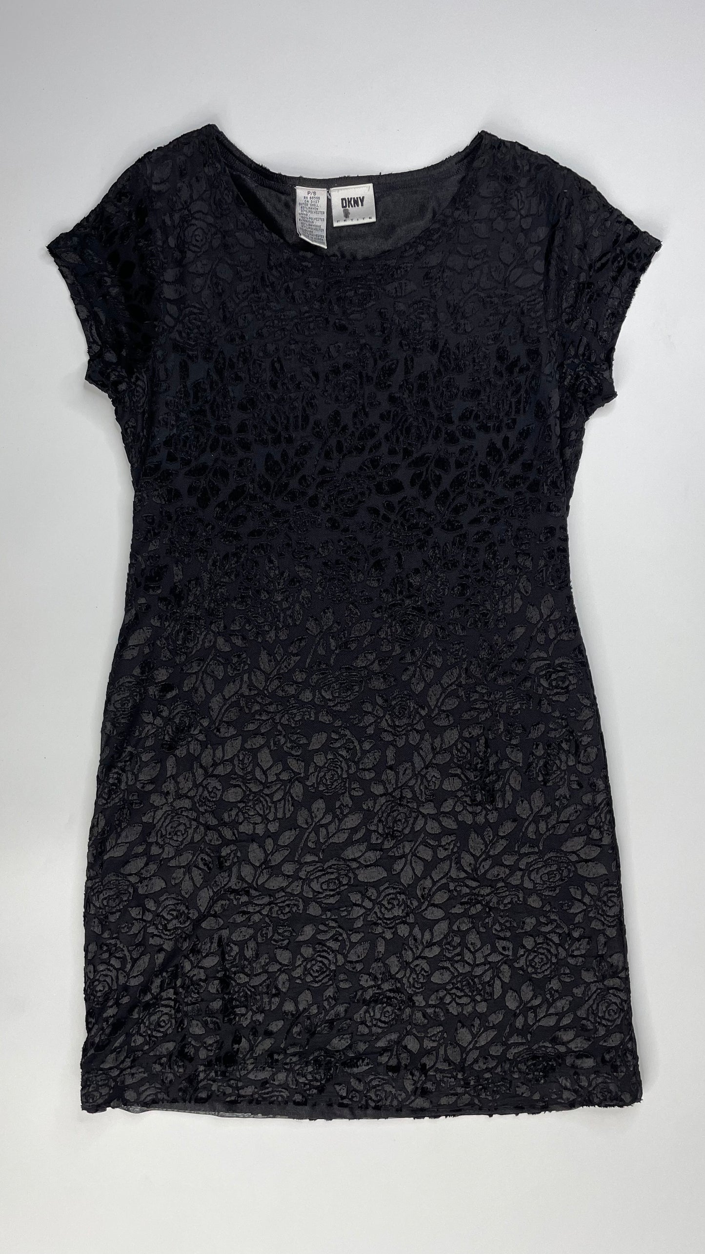 Vintage 90s DKNY black rose burnout velvet knit mini t shirt dress - Size S