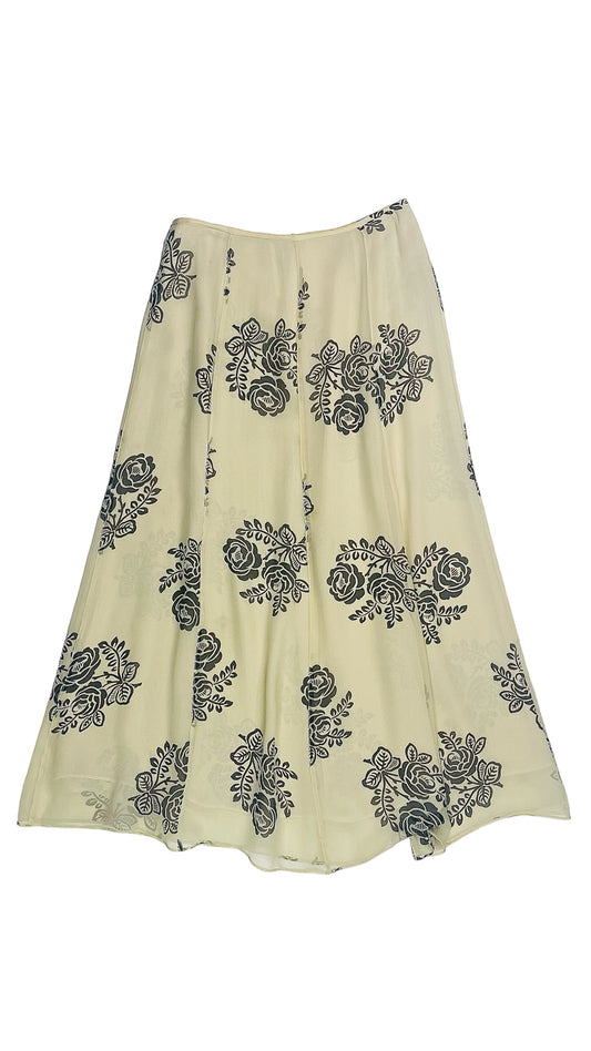 Vintage 90s cream & black floral print silk maxi skirt - Size 4