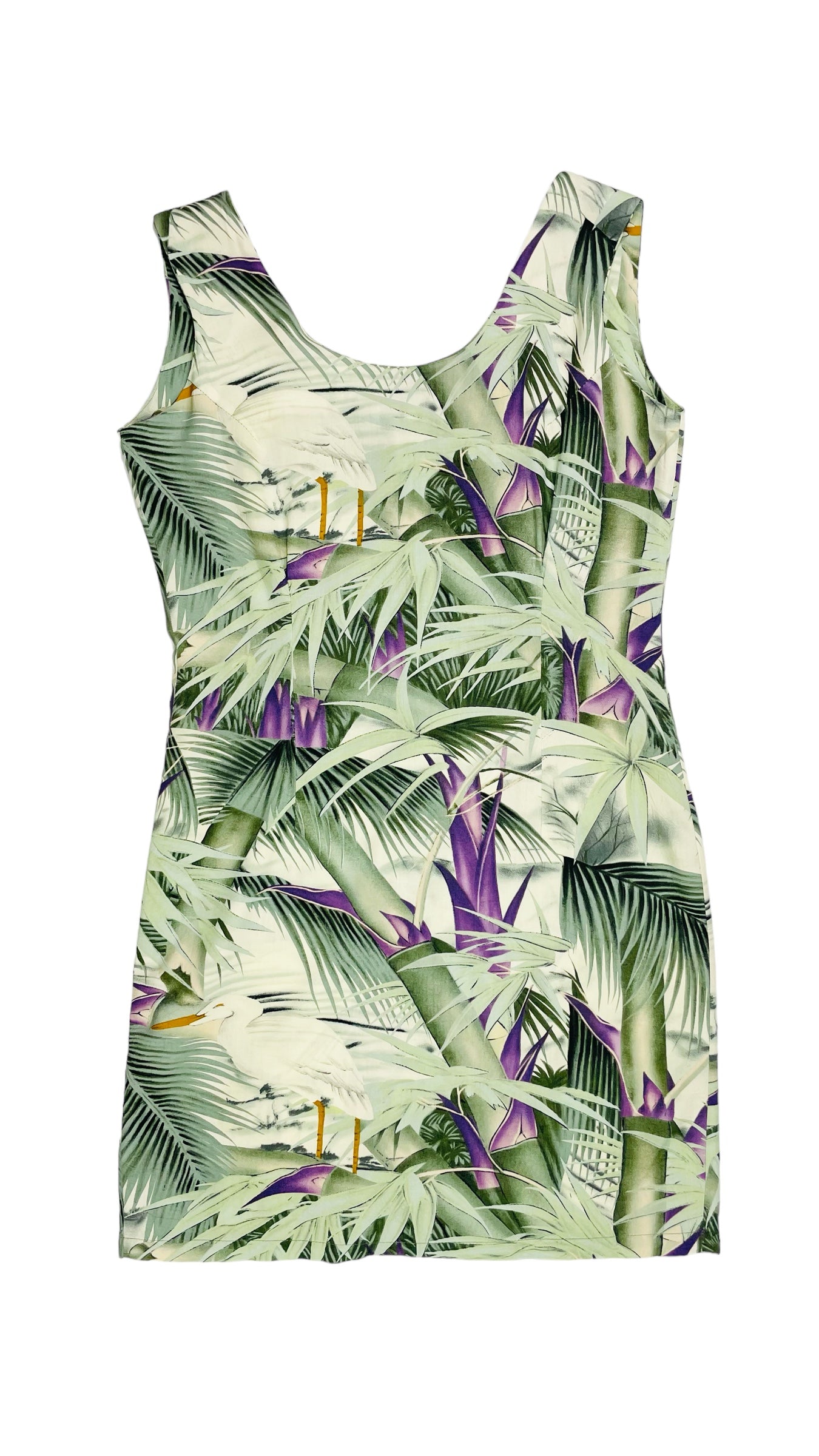 Vintage 90s green purple tropical bird print mini tank dress - Size 7