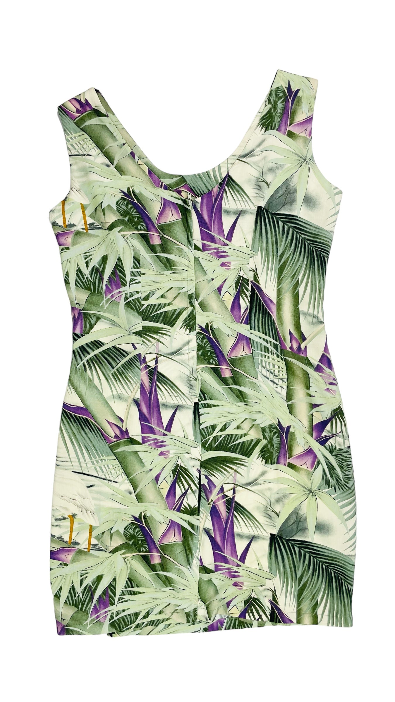 Vintage 90s green purple tropical bird print mini tank dress - Size 7