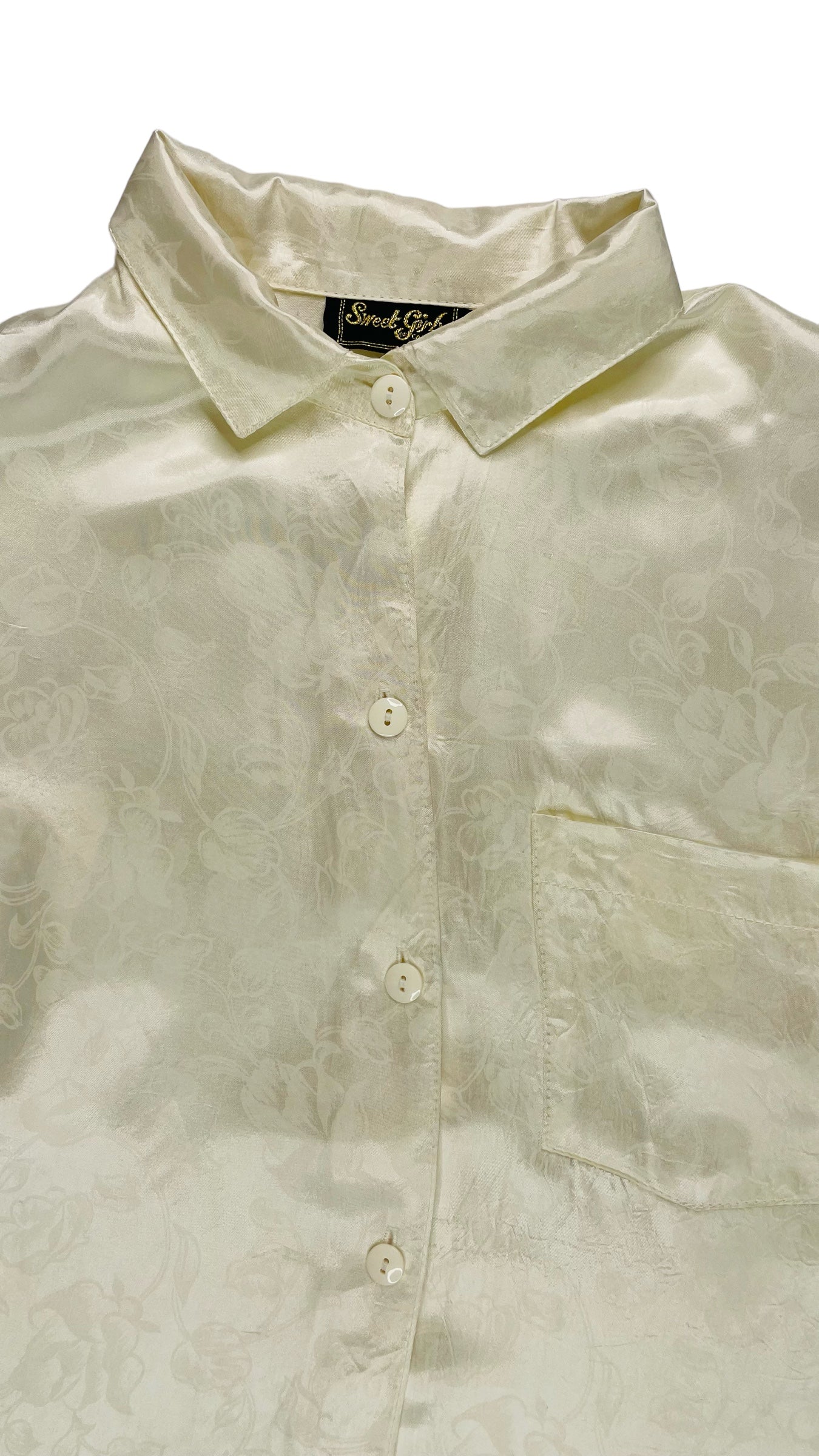Vintage 90s cream satin tone on tone floral print button up long sleeve top - Size L
