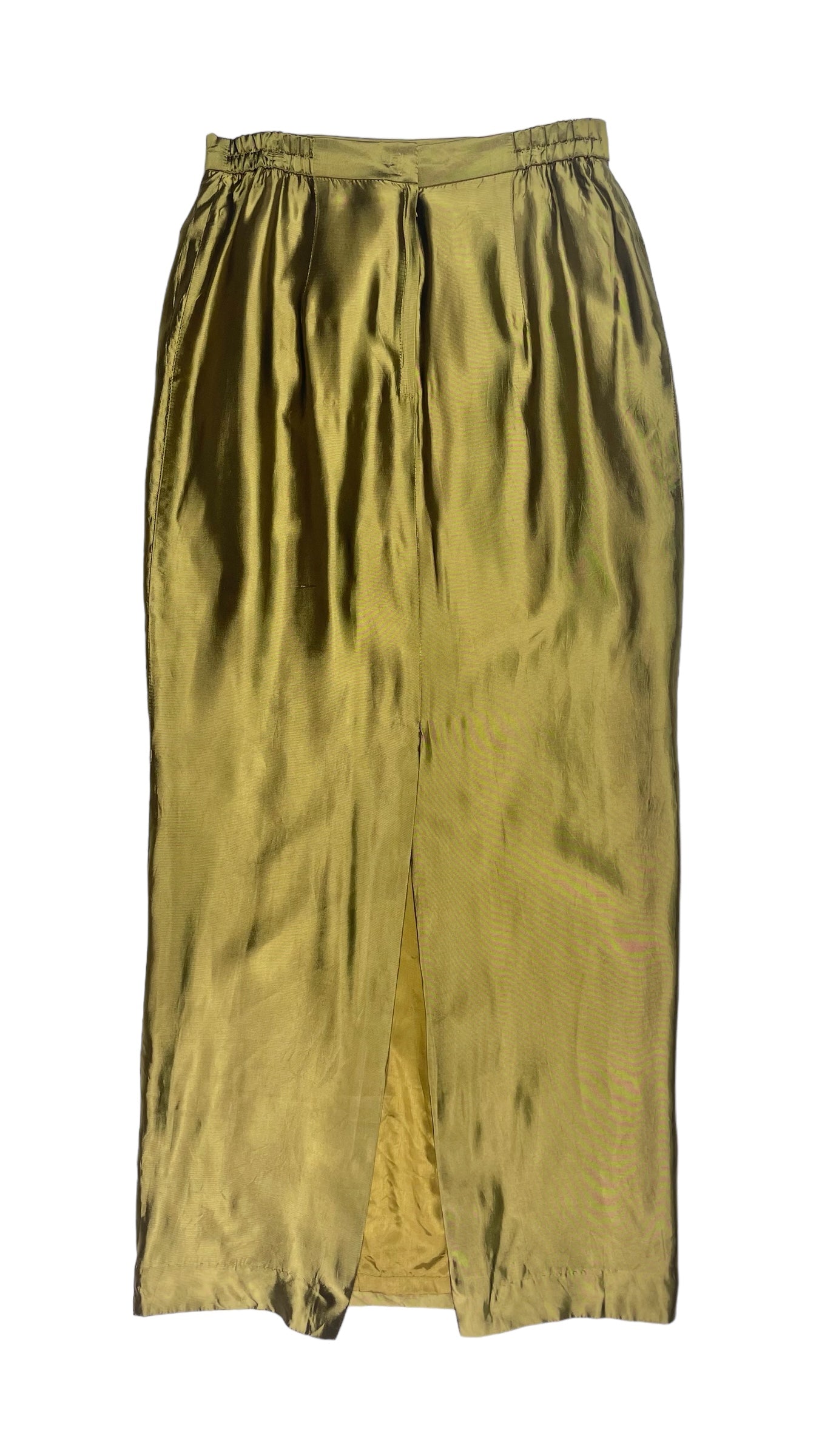 Vintage 90s KAREN MILLER metallic gold bronze satin slim fitted pencil maxi skirt - Size 8