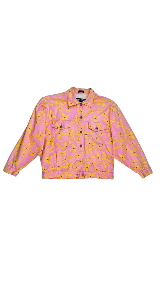 Vintage 90s PERRY ELLIS boxy pink & yellow floral print denim jacket - Size L