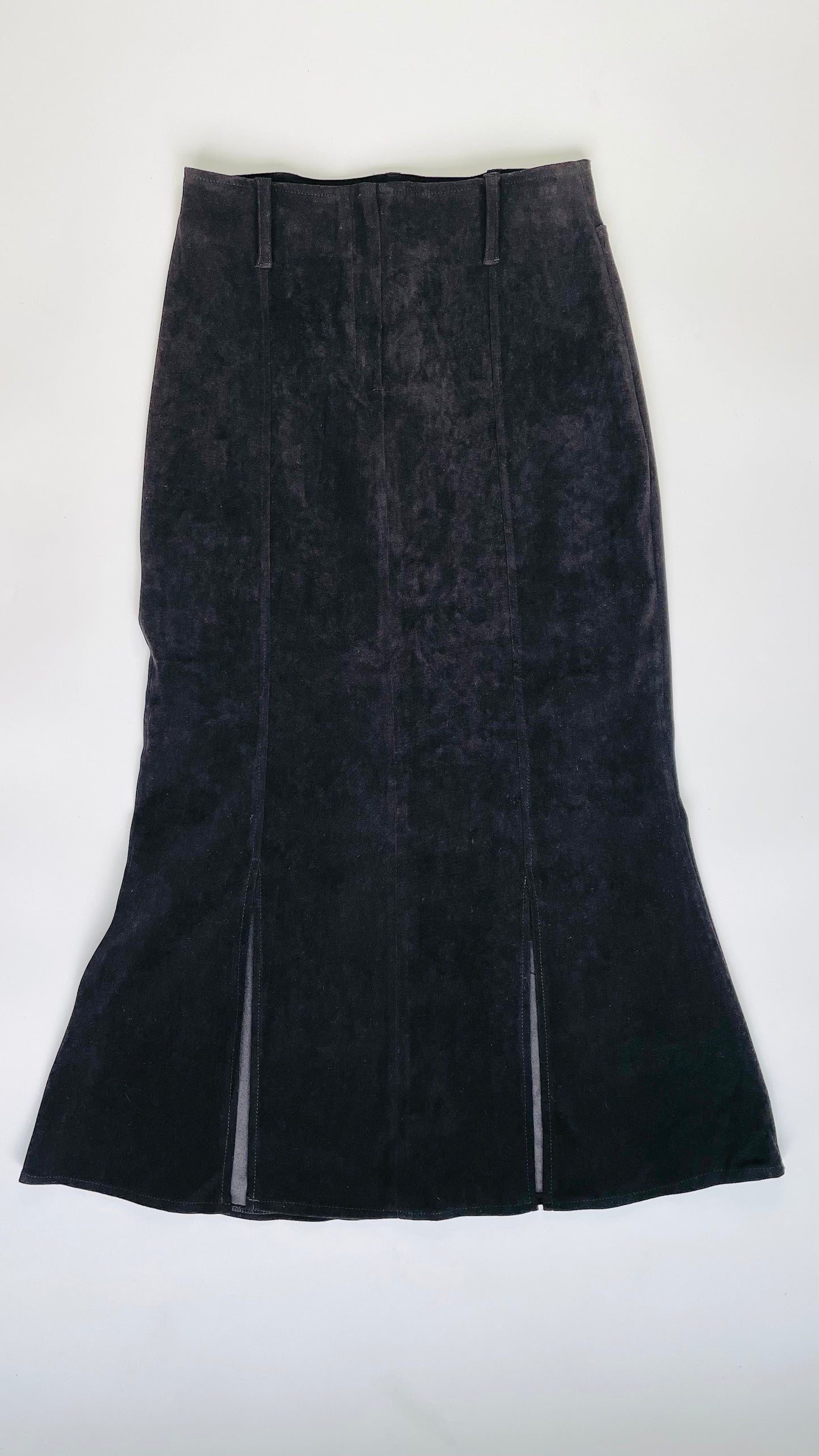 Vintage 90s black ultrasuede trumpet maxi skirt - Size 10