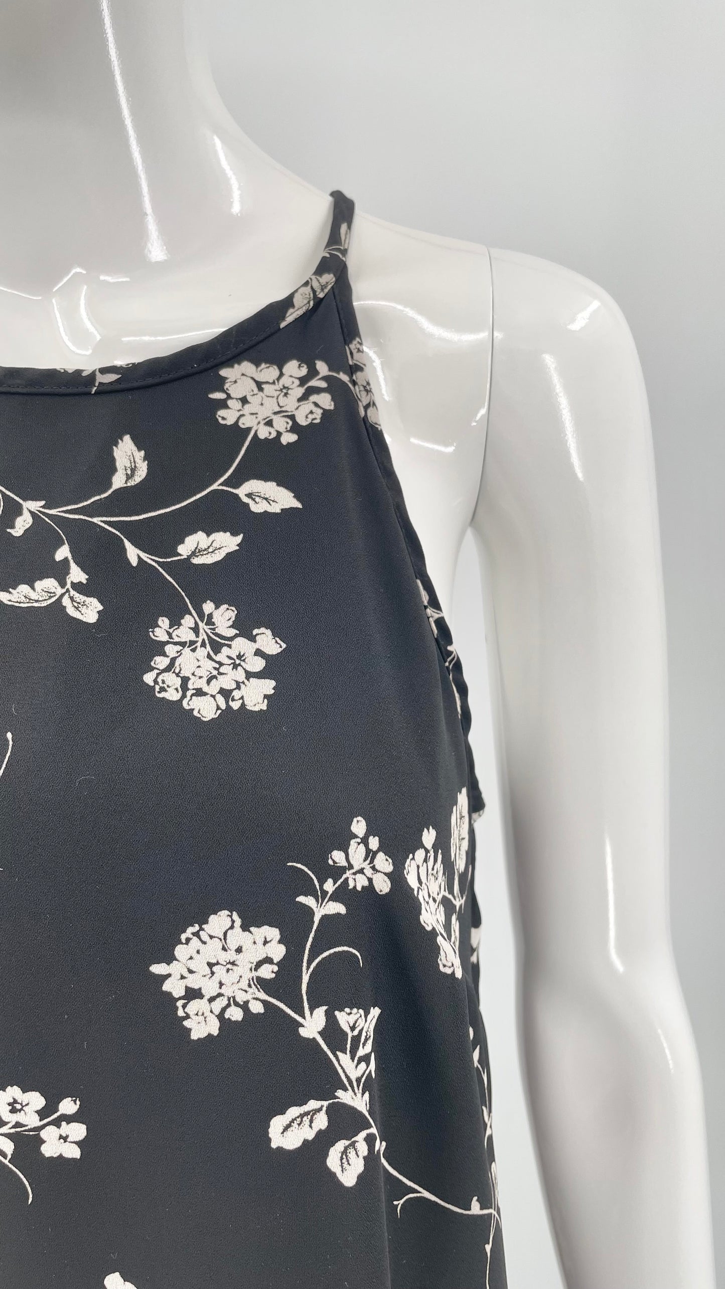 Vintage 90s black & white floral print halter maxi dress - Size 10 / M
