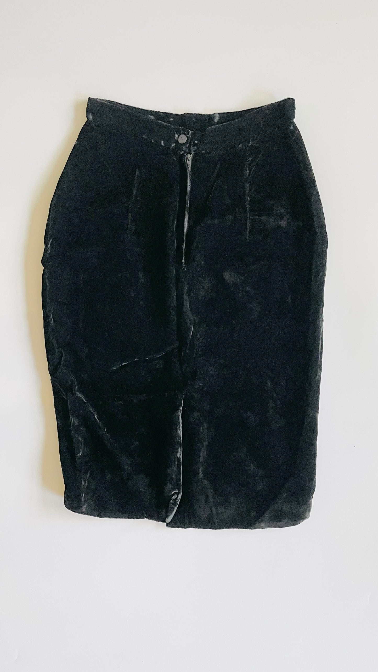 Vintage 90s black crushed velvet midi skirt - Size 10