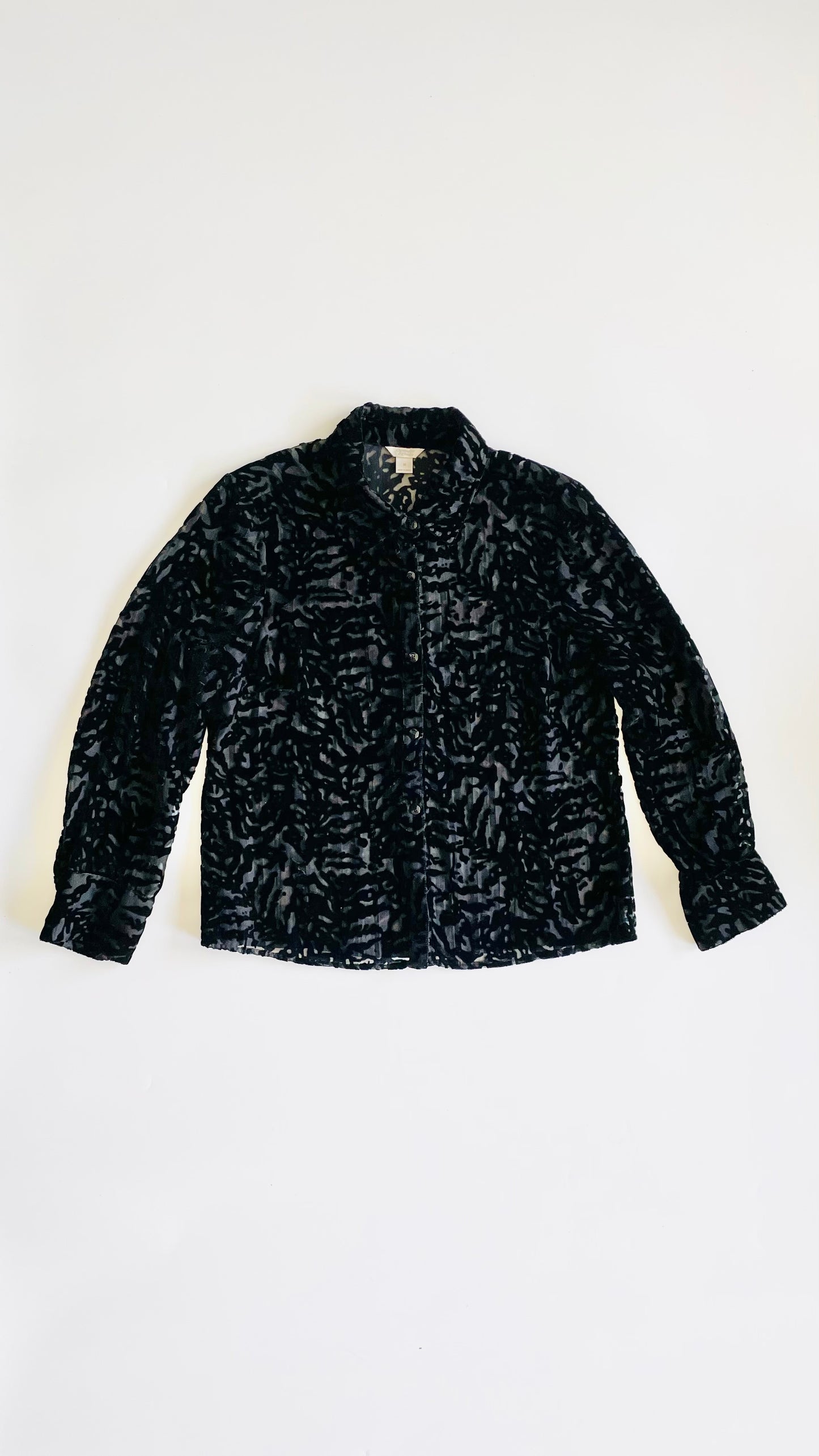 Vintage 90s black abstract zebra velvet burnout button up shirt - Size M