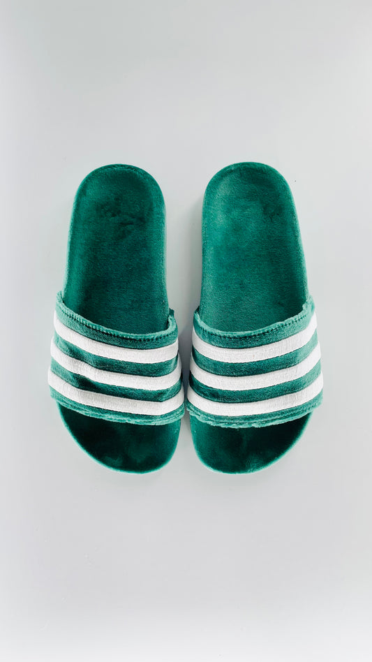 Pre-Loved green velvet Adidas adilette slides - Size 7