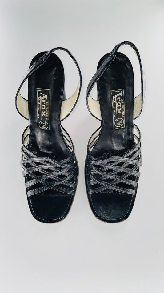 Vintage black leather strappy heels - Size 7