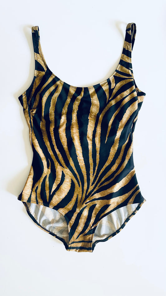 Vintage 70s Gottex brown & black tiger striped swimsuit - Size 12