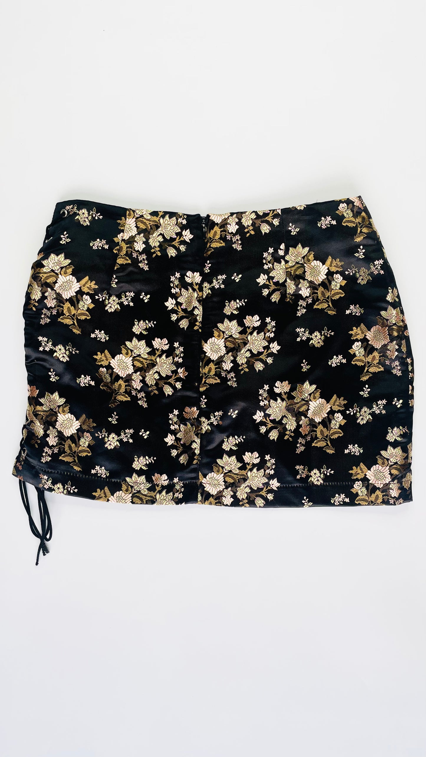 Pre-Loved black & gold chinese brocade satin mini skirt - Size M