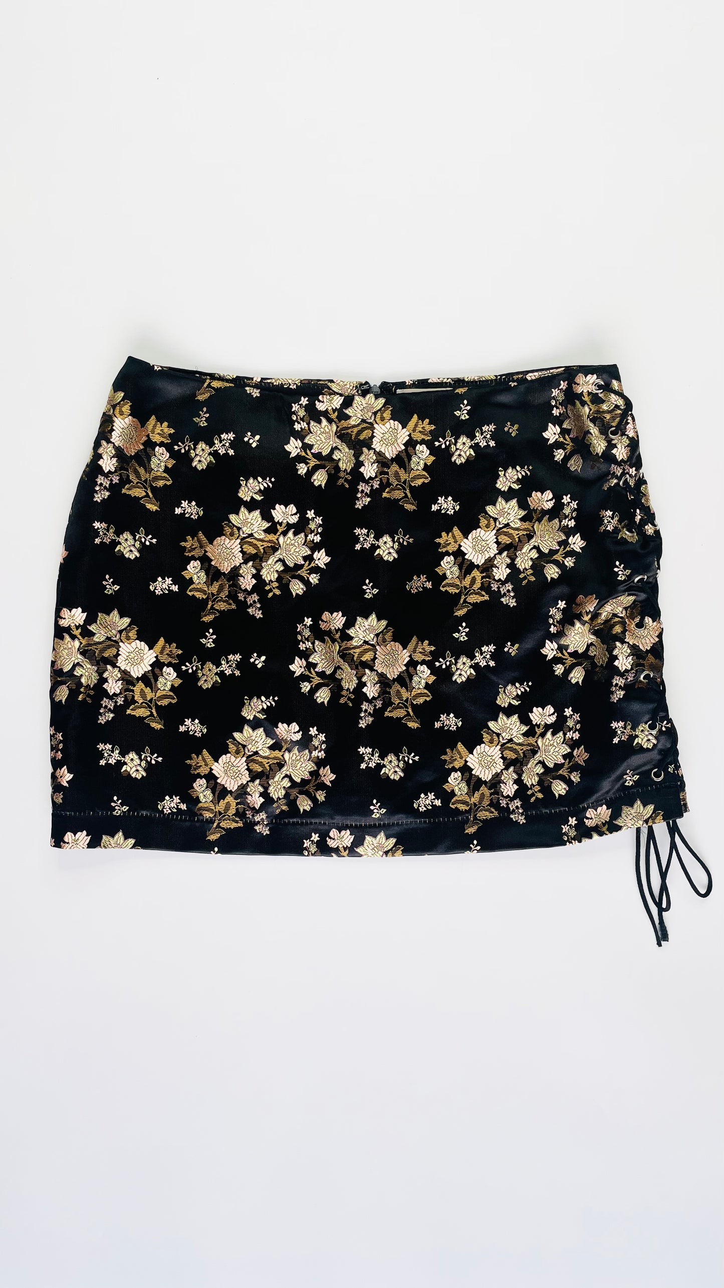 Pre-Loved black & gold chinese brocade satin mini skirt - Size M